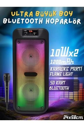 Ultra Büyük Boy Bluetooth Karaoke Mikrofonlu Party Hoparlörü Flame Light Işıklı Fm Müzik Ses Sistemi