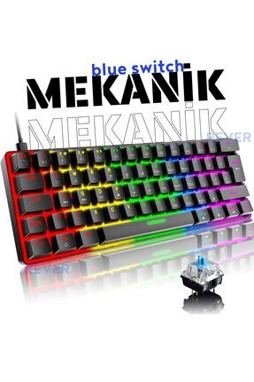 Blue Switch T60 Mekanik Mini 62 Tuşlu 19 Mod Led Işıklı Gaming Oyuncu Klavyesi Siyah Klavye