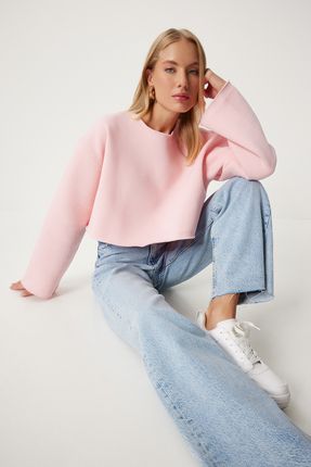 Kadın Pembe Şardonlu Oversize Örme Sweatshirt NJ00154