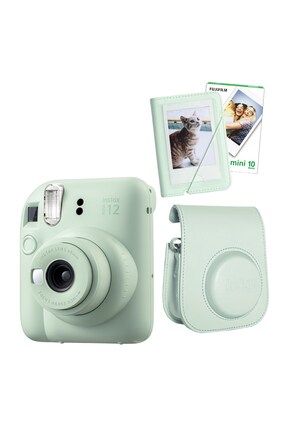 Instax Mini 12 Yeşil Fotoğraf Makinesi 10'lu Film Mini Albüm ve Deri Kılıf Seti