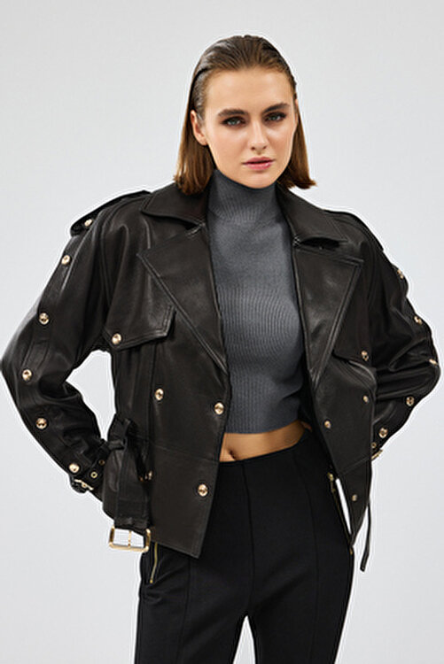 Crystal Kadın Siyah Biker Deri Ceket 24WGD5223VE