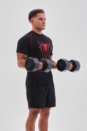 Compression Tshirt Fit Spor Kısa Kollu Vücuda Yapışan Kırmızı Spiderman Baskılı Çizgili Siyah Tişört