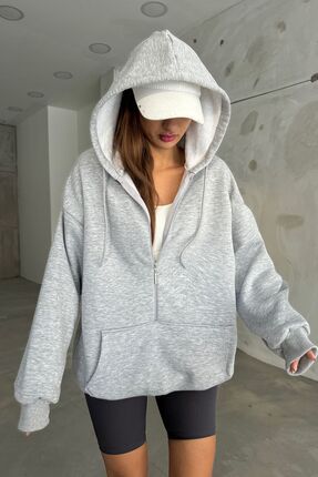 Unisex Gri Kapüşonlu Fermuarlı Oversize 3 İplik İçi Şardonlu Sweatshirt