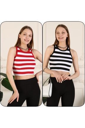 Kırmızı-siyah Ikili Set Çizgili Kaşkorse Crop Halter Yaka Fitilli Basic Büstiyer Bluz