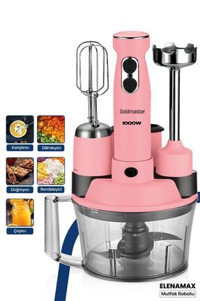 Elenamax Pembe 1000 Watt Hız Ayarlı %100 Bakır Motor 5 In 1 Mutfak Robotu Multi Blender Seti