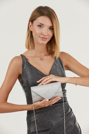 Gümüş Çizgili Çupra Abiye Çanta Portföy Clutch Çanta