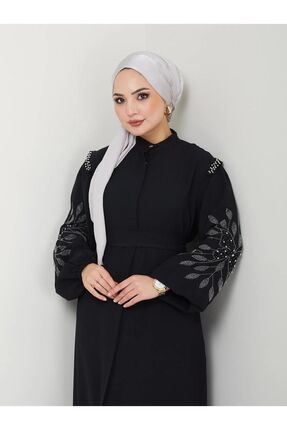 10 NUMARA MODA Tesettür Giyim Kadın Omuzlar ve kollar Taşlı Ferace Elbise 10NMR4000