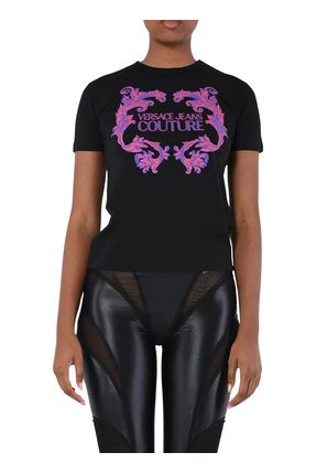 VERSACE JEANS COUTURE Yuvarlak Yaka Bask l Siyah Kad n T Shirt 76HAHG02 Fiyat Yorumlar Trendyol