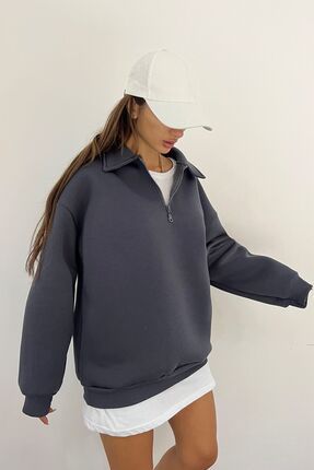 Kadın Antrasit Polo Yaka Oversize 3 İplik Şardonlu Sweatshirt