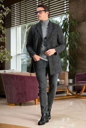 Slim Fit Tek Yırtmaçlı Düğmeli Mono Yaka Kaşe Kaban Erkek Kaban 5840098