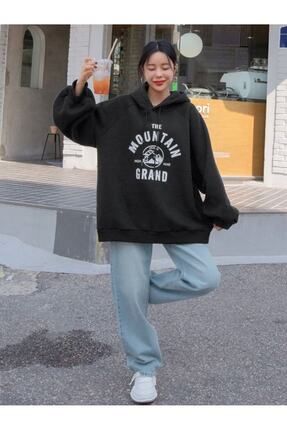 AFROG Y M Kad n The Mountain Grand Bask l Kapu onlu Oversize Sweatshirt