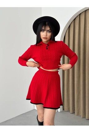 Mooi Butik Bordo Pileli Mini Etek Bal kc Kazak Alt Ust Triko Tak m