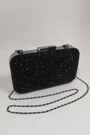 Yakamoz Siyah Kadın Taşlı Abiye Clutch Portföy Çanta