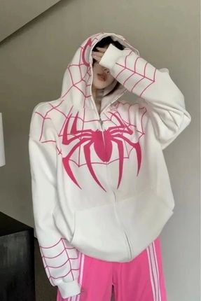 Beyaz Kapüşonlu Pembe Spiderman Maske Hırka