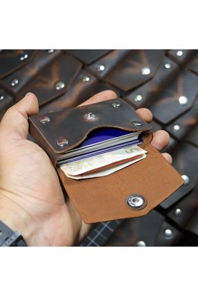 El Yapımı Minimal Kartlık Cüzdan Dikişsiz Çıtçıtlı Model Leather Wallet Rivet Olmeca Taba Renk