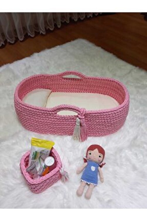 El Yapımı Örgü Bebek Puseti - Bebek Sepeti - Bebek Yatağı - Ana Kucağı - Baby Nest 70x35x20 Cm - Beyaz At