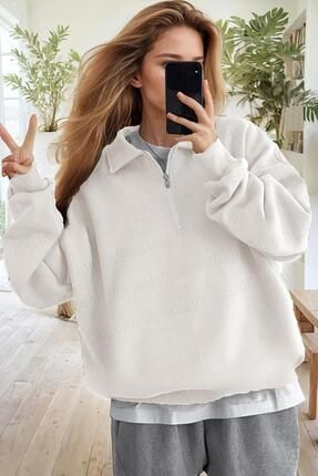 Millionaire Kad n Ekru K r k Beyaz Yar m Fermuar Polo Yaka 3 Iplik Ici Polarl ardonlu Oversize Sweatshirt Fiyat Yorumlar Trendyol