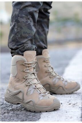 P1490nbj Erkek Bej Deri Bağcıklı Askeri Bot Ayakkabı