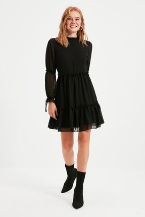 Siyah Mini Astarlı Büzgülü Dokuma Elbise TWOAW20EL0345