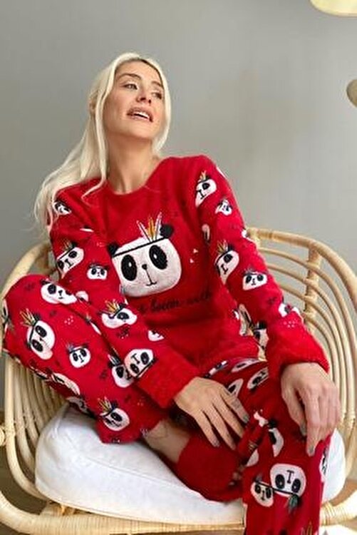 Pijamaevi Life Panda Desenli Kadın Peluş Pijama Takımı 2