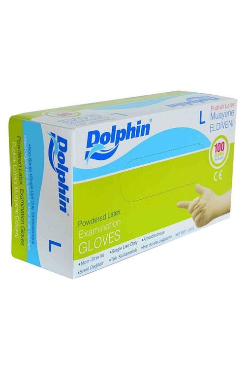 Dolphin Pudralı Beyaz Latex Eldiven Büyük Boy (L) 100 Lü Paket 2