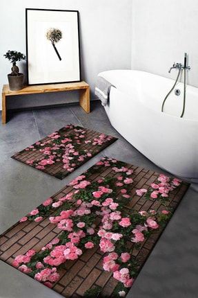 Osso Pembe Çiçekli Desenli Yıkanabilir Kaymaz Taban 2li Banyo Halısı Paspas Klozet Takımı