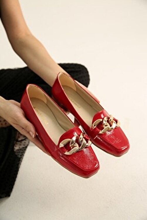 Ccway Kadın Babet Ayakkabı Kırmızı Kırışık 1