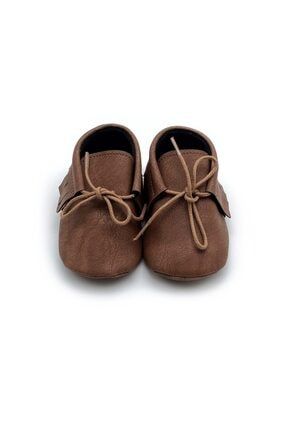 Erkek / Kız Bebek Kahverengi El Yapımı Bağcıklı Nubuk Makosen Ayakkabı