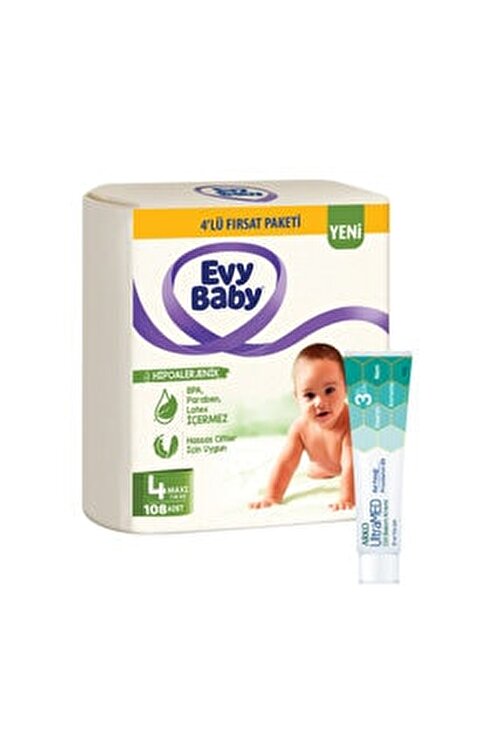 Evy Baby Bebek Bezi 4 Beden Maxi 4'lü Fırsat Paketi 108 Adet Ultramed Krem Hediyeli 1