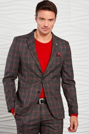 Siyah-kırmızı Kareli Blazer Ceket