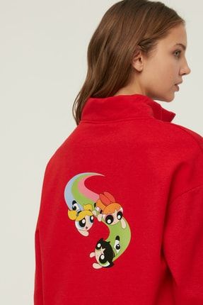 TRENDYOLM LLA K rm z Powerpuff Girls Lisansl Bask l Fermuarl Crop Orme nce Sweatshirt TWOAW22SW0025 Fiyat Yorumlar Trendyolmilla
