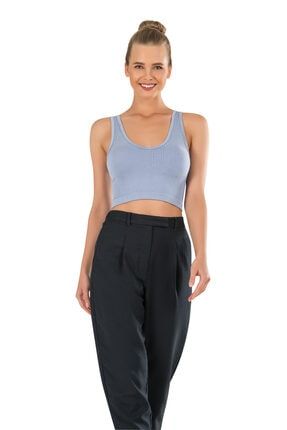 Kadın Mavi Modal Crop Top Büstiyer Toparlayıcı Seamless Dikişsiz Örme Kalın Askılı Basic