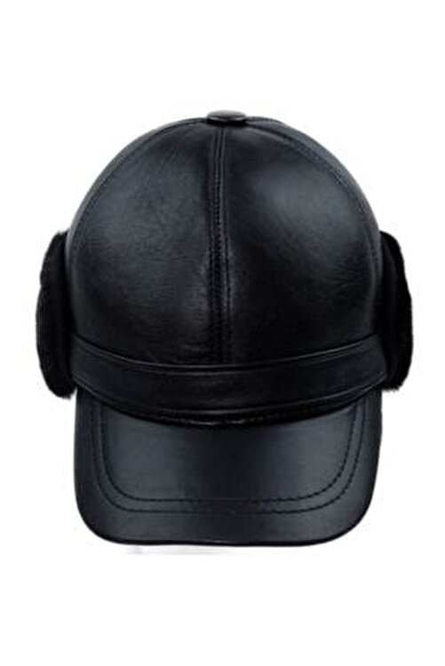 AYER TİCARET Unisex Siyah Hakiki Deri Kulaklıklı Beyzbol Şapka 2
