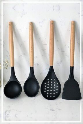 Silikon Bambu Saplı 4 Parça Mutfak Servis Seti Siyah(KEPÇE-KAŞIK-KEVGİR-SPATULA)