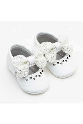 Hakiki Deri Beyaz Fiyonklu Patik Makosen Kız Bebek Ayakkabısı