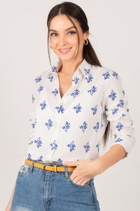 Kadın Saks Çiçek Desen Uzun Kollu Gömlek ARM-22K001110