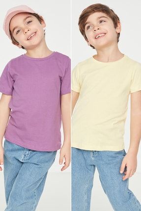 Mor-Sarı 2'li Paket Erkek Çocuk Örme T-Shirt TKDSS22TS0612
