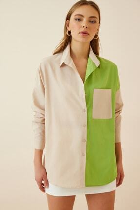Kadın Krem Yeşil Blok Renkli Oversize Poplin Gömlek DD01056