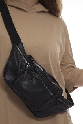 Unisex Siyah Çok Cepli Hakiki Deri Freebag Bel Çantası