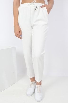 Kadın Beyaz Double Kumaş Beli Lastikli Dar Paça Pantolon