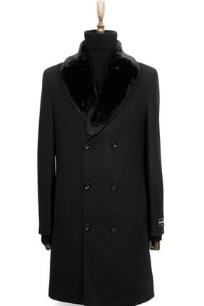 8501 Erkek Siyah Çıkma Kürk Yaka Kruvaze Kısa Palto