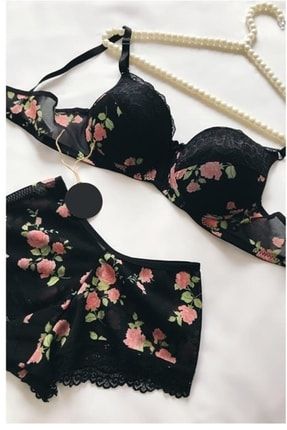 Kadın Dolgulu Destekli Pembe Çiçek Desenli Siyah Boxer Tip Iç Çamaşır Takımı