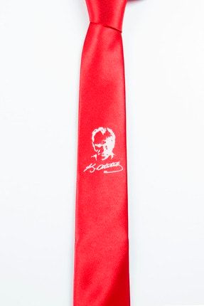 Kırmızı Renk Saten Atatürk Portre Baskılı Kravat