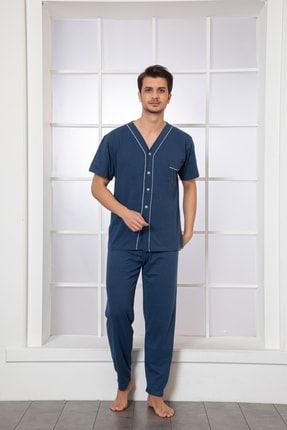 Erkek Indigo Mavi Önden Düğmeli Kısa Kollu Altı Uzun Penye Örme Kumaş Yazlık Pijama Takımı
