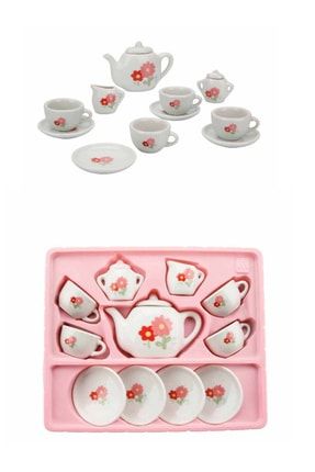13 Parça Evcilik Oyunu Porselen Çay Seti - Kalpli Çiçek Desenli