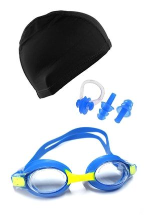 Çocuk Silikon Havuz Gözlüğü Likra Bone Kulak Tıkacı Ve Burun Klips Seti Full Set