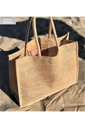 Plaj Hasır Jüt Çanta -ağzı Çıtçıtlı - Ham Renk Yumuşak Saplı