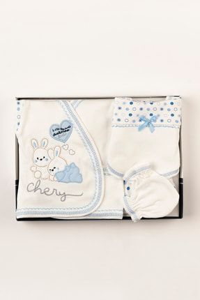 Tavşanlı Mavi Yenidoğan Kıyafetleri Bebek Kıyafetleri 5 Li Hastane Çıkış Seti (KUTULU)