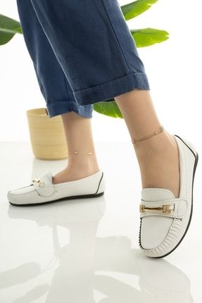 Kadın Babet Beyaz Zincir Tokalı Hafif Rahat Taban Şık Günlük Ayakkabı