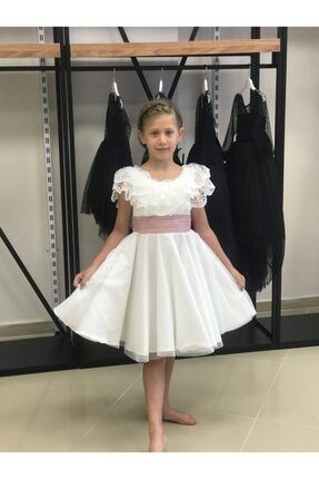 Kız Çocuk Beyaz Yakası Fransız Dantelli Abiye Elbise